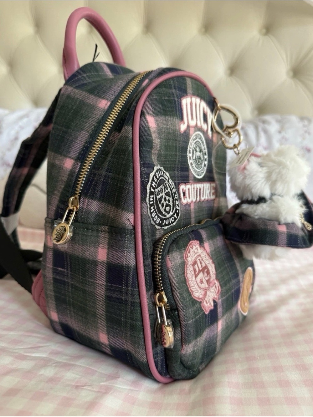 Juicy Couture Green /Pink Plaid Juicy Varsity Weekender set of 3 . - Picture 12 of 15